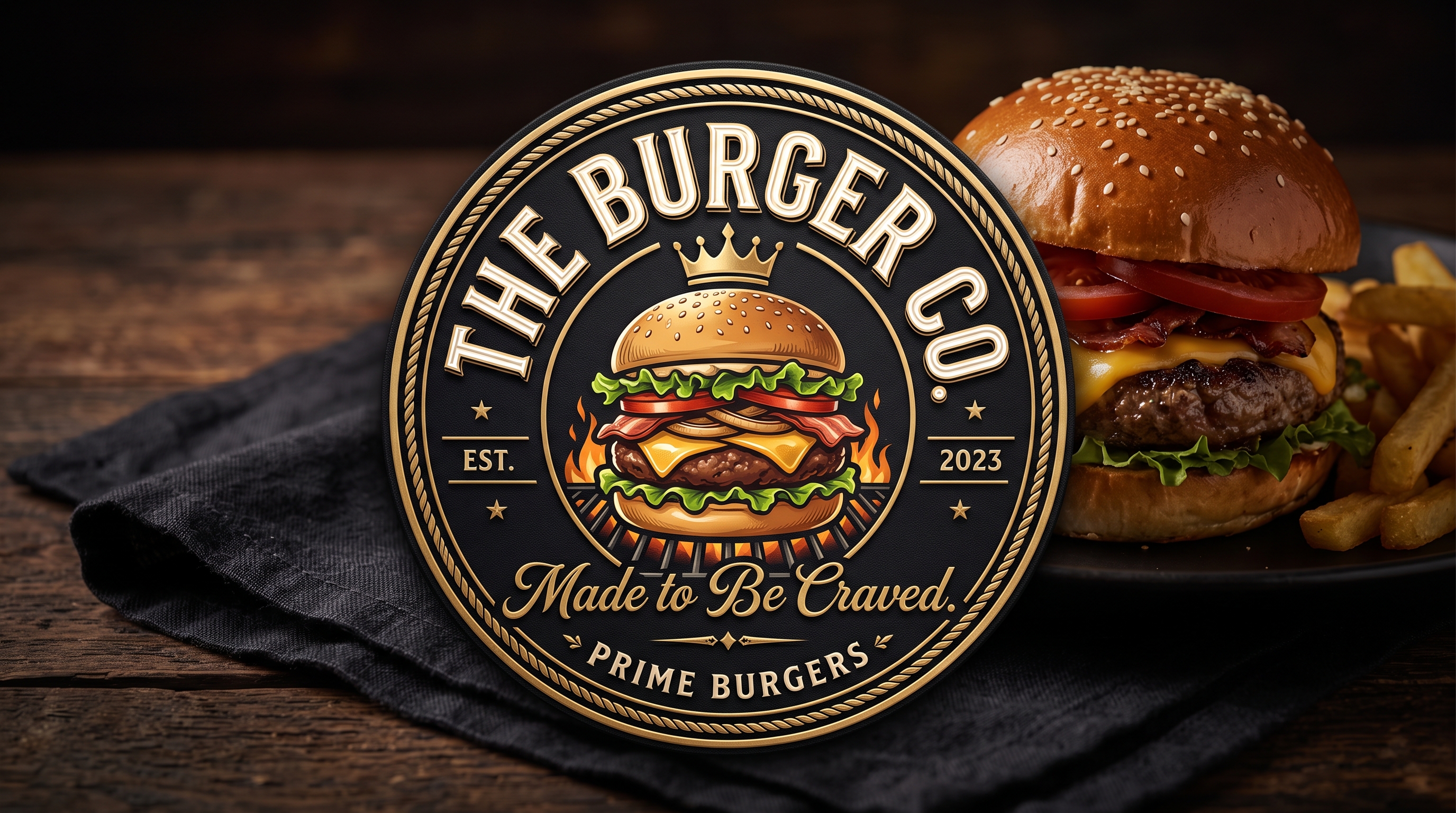 The Burger Co. · Emblema sobre Madera Tostada